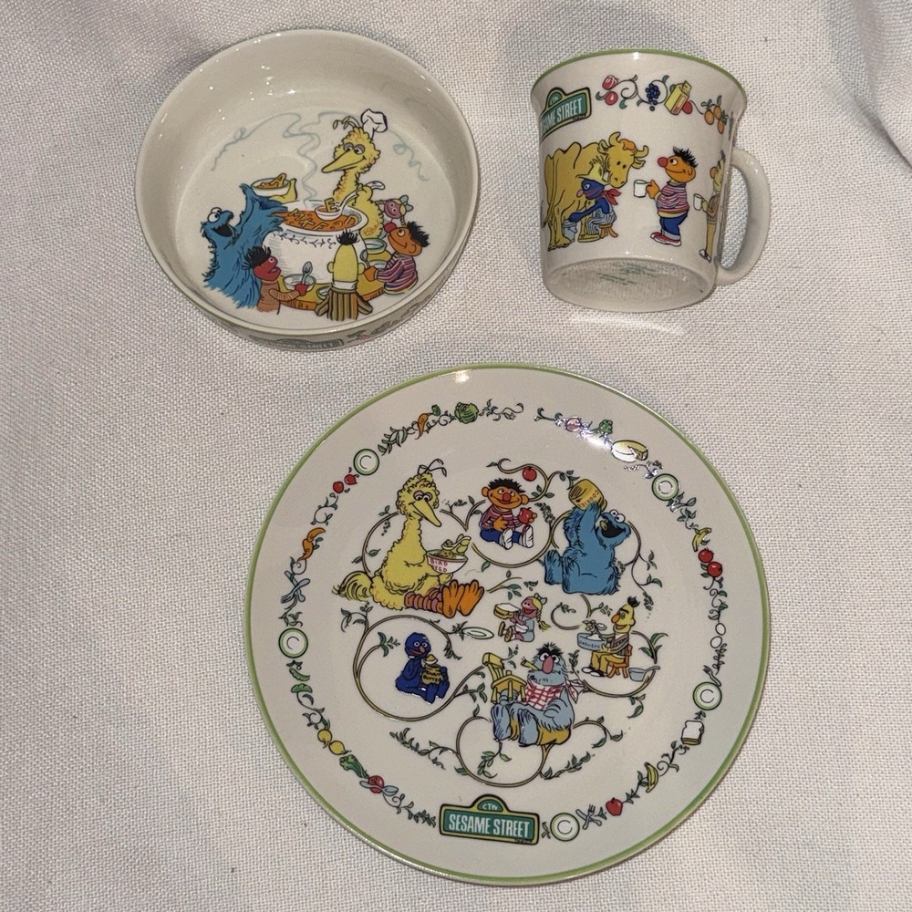 Vintage Gorham China Sesame Street 3 Piece Dishes Set 1976 Muppets Big Bird Bowl